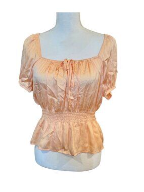Paige Peach Satin Smocked Peplum Blouse Short Puff Sleeves Size M